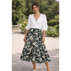 Abercrombie & Fitch Midi Skirt Sz XS Green Floral Linen-Blend Tiered Cottage